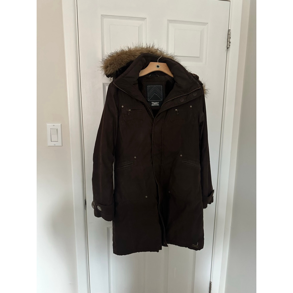 Women's TNA Brown Parka Jacket with Faux Fur Hood, Size M